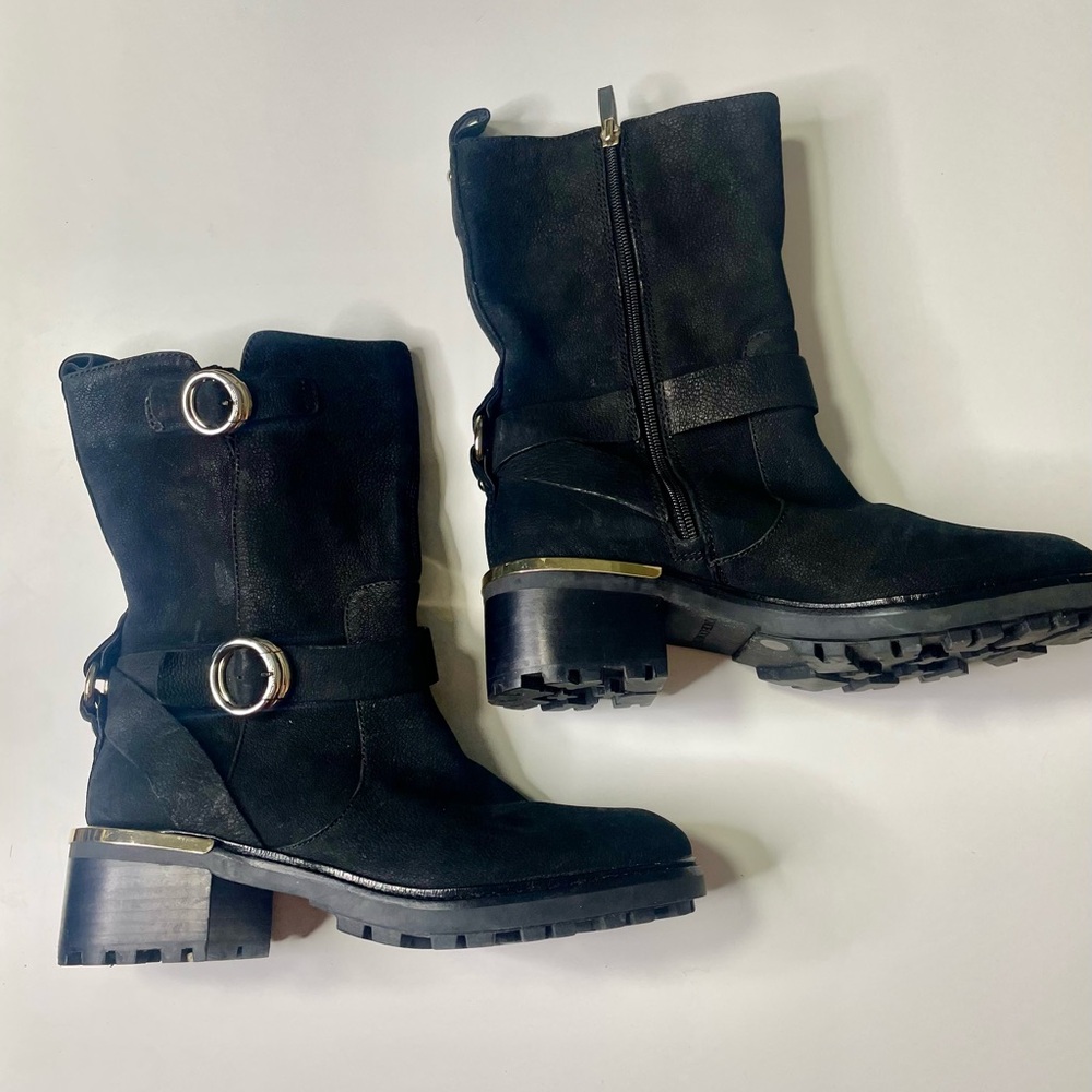 Vince Camuto Kerivini Black Suede Leather Buckle Zip Moto Biker Boots Women's 8M